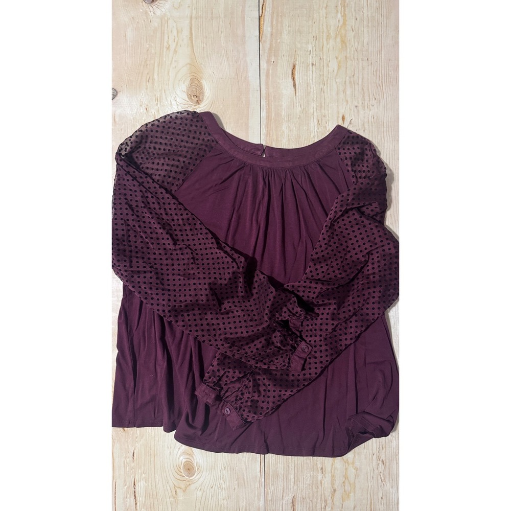 Zac & Rachel Women Burgundy Polka Dot‎ Sheer Mesh Long Sleeve Blouse Top Large